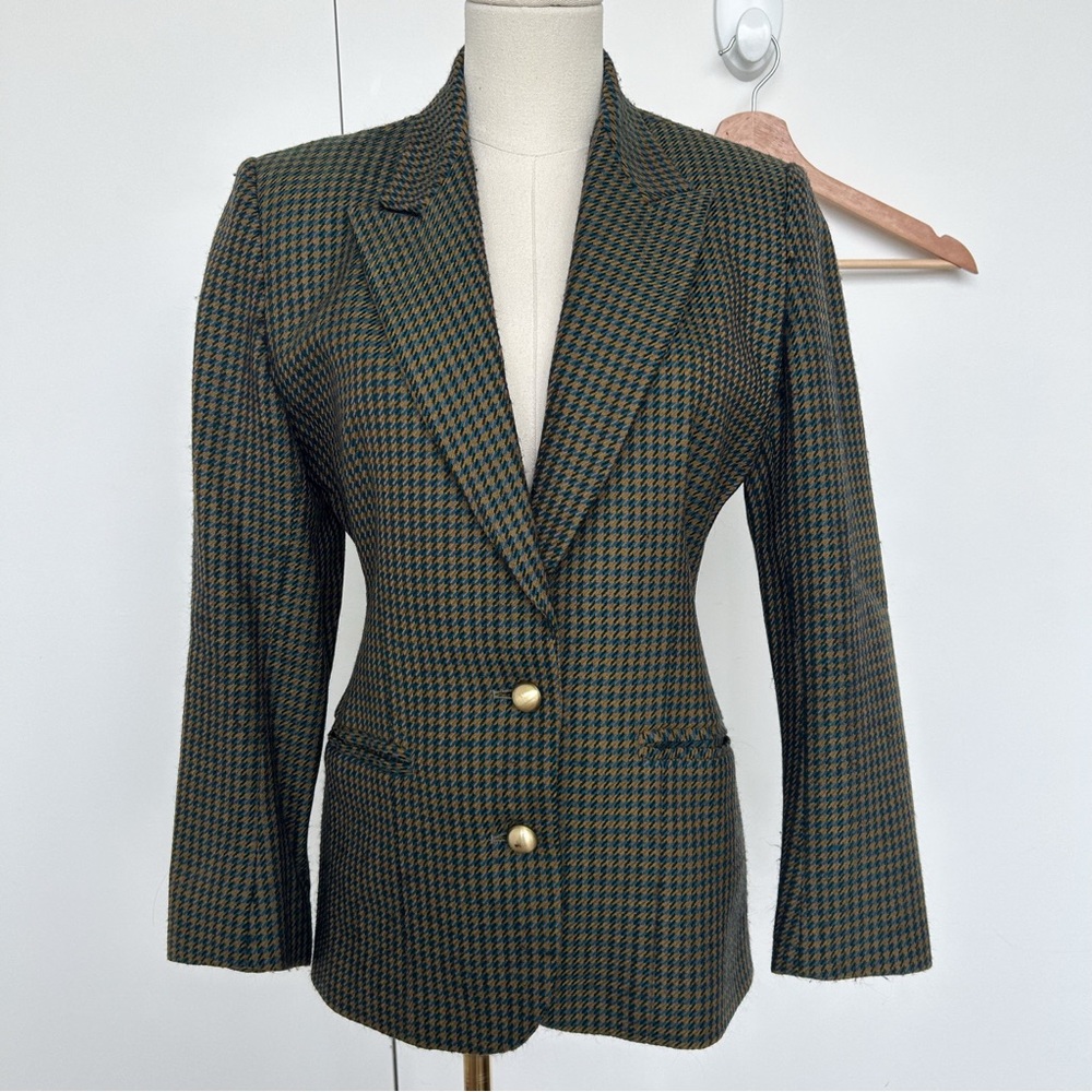 Vintage Tailored Women’s Gold & Turquoise Wool Houndstooth Blazer